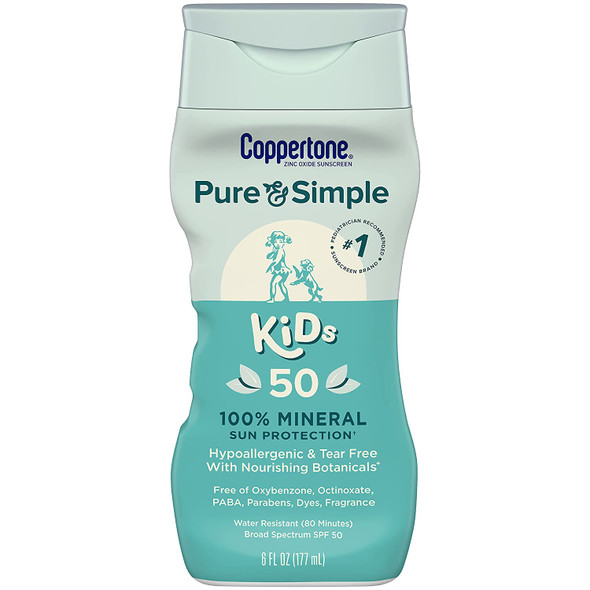 Coppertone Pure and Simple Kids Sunscreen Lotion, Zinc Oxide Mineral Sunscreen Lotion, SPF 50 Broad Spectrum Sunscreen Lotion for Kids, 6 Fl Oz