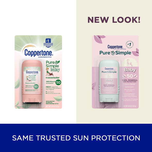 Coppertone Pure and Simple Baby Sunscreen Stick SPF 50, Zinc Oxide Mineral Sunscreen for Babies, Tear Free, Water Resistant, Broad Spectrum SPF 50 Sunscreen, 0.49 Oz Stick