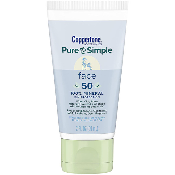 Coppertone Pure & Simple For Face SPF 50 Sunscreen Lotion, Zinc Oxide Mineral Sunscreen Lotion, Water Resistant, Hypoallergenic, Travel Size 2 Ounce