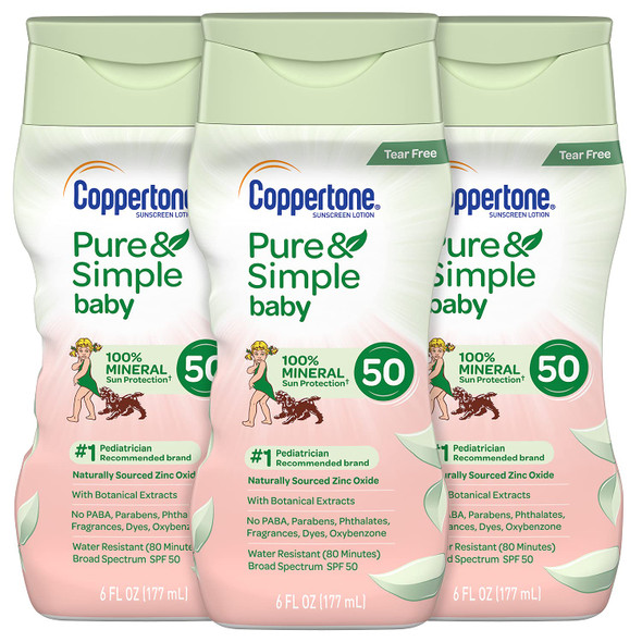 Coppertone Pure & Simple Baby Tear Free Mineral-Based Sunscreen Lotion Broad Spectrum SPF 50, 6 Fluid Ounce (Pack of 3)