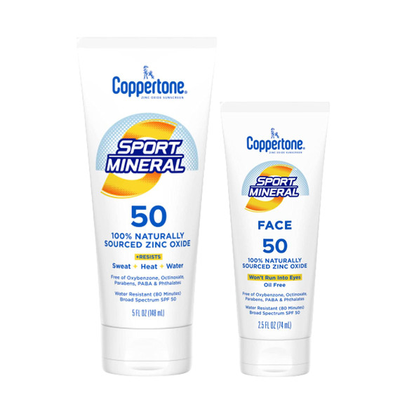 Coppertone Sport Mineral SPF 50 Zinc Oxide Mineral Sunscreen Multi Pack, Sport Mineral Body Sunscreen Lotion & Sport Mineral Face Sunscreen Lotion (5 fl. oz. + 2.5 fl. oz.)