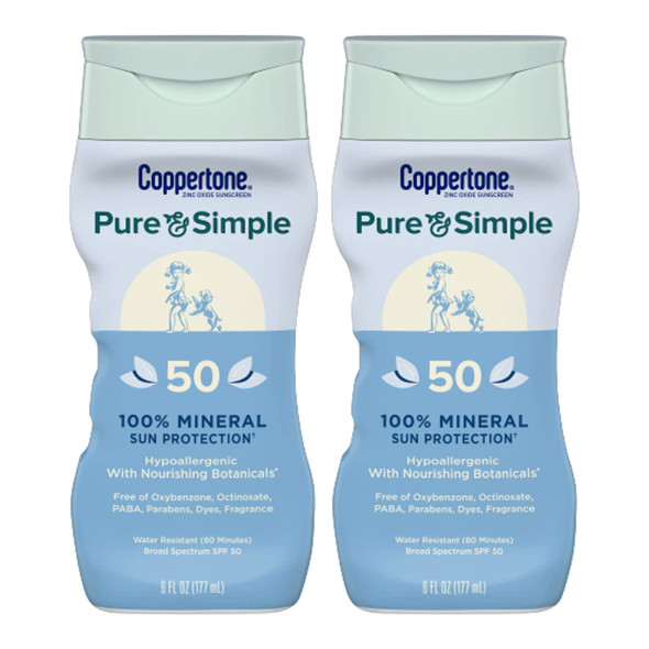 Coppertone Pure and Simple Sunscreen Lotion, Zinc Oxide Mineral Sunscreen Lotion, Spf 50 Sunscreen, Hypoallergenic, 6 Oz, Pack of 2