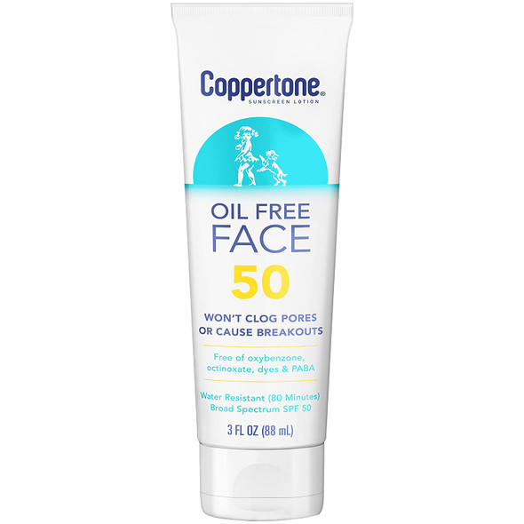 Coppertone Face Sunscreen SPF 50, Oil Free Sunscreen for Face, Water Resistant SPF 50 Sunscreen Face Lotion, 3 Fl Oz Tube