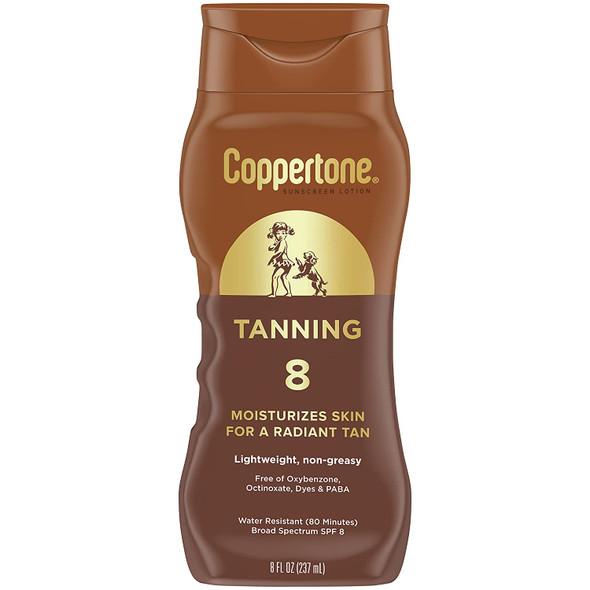Coppertone Tanning Sunscreen Lotion, Water Resistant Body Sunscreen SPF 8, Broad Spectrum SPF 8 Sunscreen, 8 Fl Oz Bottle (Packaging May Vary)