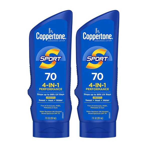 Coppertone SPORT Sunscreen SPF 70, Water Resistant Sunscreen Lotion, Broad Spectrum SPF 70 Sunscreen, Bulk Sunscreen Pack, 7 Fl Oz Bottle, Pack of 2