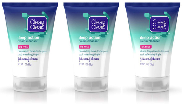 Clean & Clear Deep Action Cream Cleanser, Oil-Free, Travel Size 1 oz (28g) - Pack of 3