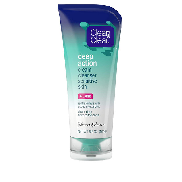 Clean & Clear Deep Action Cream Facial Cleanser for Sensitive Skin, Gentle Daily Face Wash with Oil-Free, 6.5 oz