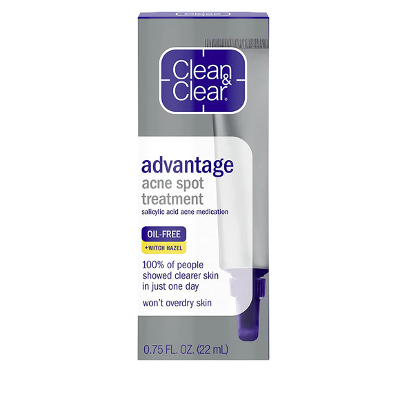 Clean & Clear Advantage Acne Spot Treatment Gel Cream with 2% Salicylic Acid Acne Medication, Witch Hazel & BHA, Oil-Free Gel Pimple Cream for Adults & Teens, Salicylic Acid.75 oz