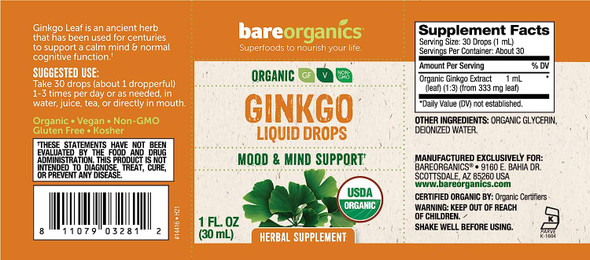 BareOrganics Ginkgo Liquid Drops, Herbal Supplement, 1 Ounce