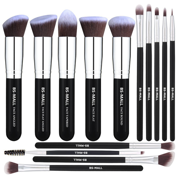 BS-MALL Makeup Brushes Premium 14 Pcs Synthetic Foundation Powder Concealers Eye Shadows Silver Black Makeup Brush Sets(Silver Black)