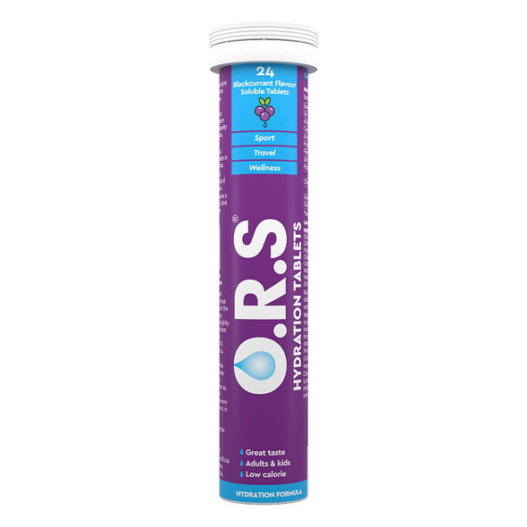 O.R.S Hydration Tablets with Electrolytes, Vegan, Gluten and Lactose Free Formula  Natural Blackcurrant Flavour, Purple, 24 Count