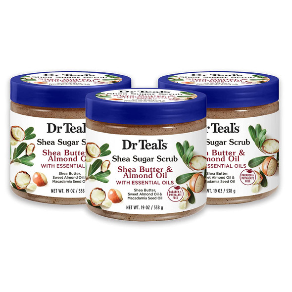 Dr Teal's Shea Sugar Body Scrub, Shea Butter with Almond Oil & Essential Oils, 19 oz (Pack of 3)