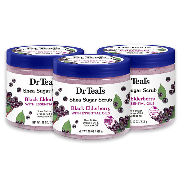 Dr Teal's Shea Sugar Body Scrub, Black Elderberry with Essential Oils, 19 oz (Pack of 3)