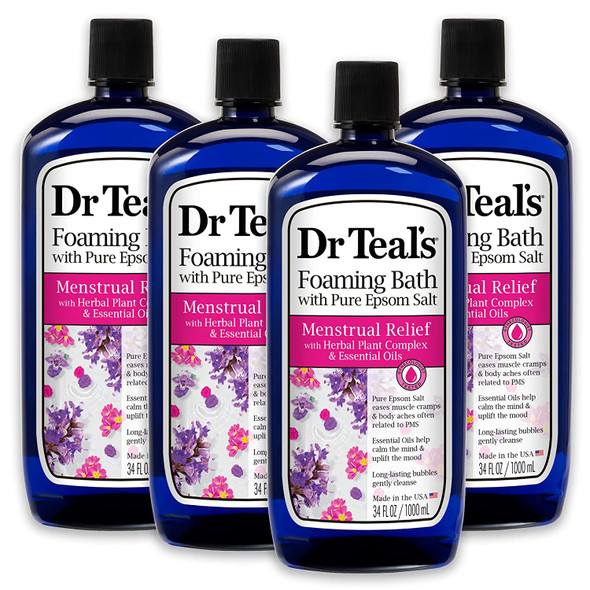 Dr Teal's Foaming Bath with Pure Epsom Salt Menstrual Relief with Herbal Plant Complex & Essential Oils 34 fl oz (Pack of 4)