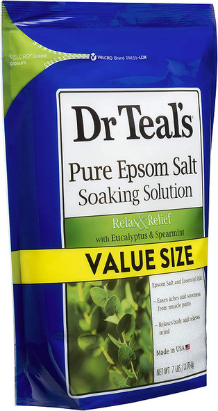 Dr Teal's Pure Epsom Salt Soaking Solution,Relax & Relief with Eucalyptus & Spearmint, 7 Lb Bag - Bath Soak Salts with Essential Oils - Value Size