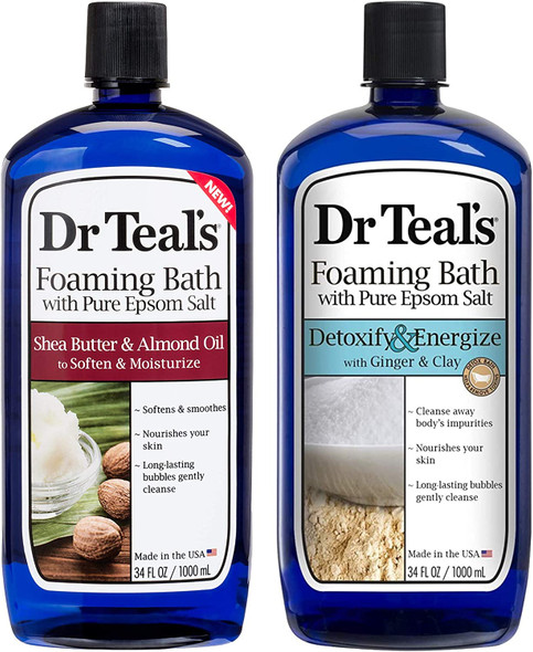 Dr Teal's Foaming Bath Combo Pack (68 fl oz Total), Soften & Moisturize with Shea Butter & Almond Oil, and Detoxify & Energize with Ginger & Clay