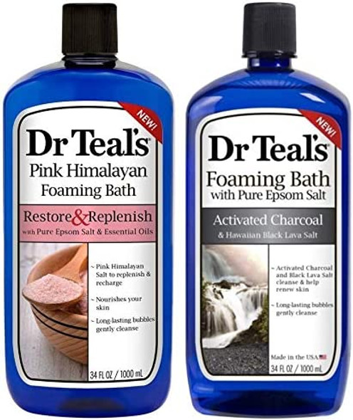 Dr Teal's Foaming Bath Combo Pack (68 fl oz Total), Restore & Replenish with Pink Himalayan, and Activated Charcoal & Hawaiian Black Lava Salt