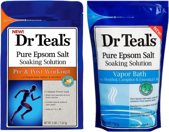 Dr. Teals Epsom Salt Soak Combo (5 lbs Total) - Pre & Post Workout with Magnesium Sulfate and Menthol, and Vapor Bath with Menthol, Camphor and Essential Oils - Treat Skin and Relieve Sore Muscles