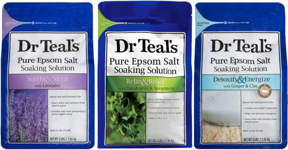 Dr Teals Epsom Salt Soak Combo (9 lbs Total) - Soothe & Sleep with Lavender, Relax & Relief with Eucalyptus & Spearmint, and Detoxify & Energize with Ginger & Clay - Treat Skin & Relieve Sore Muscles