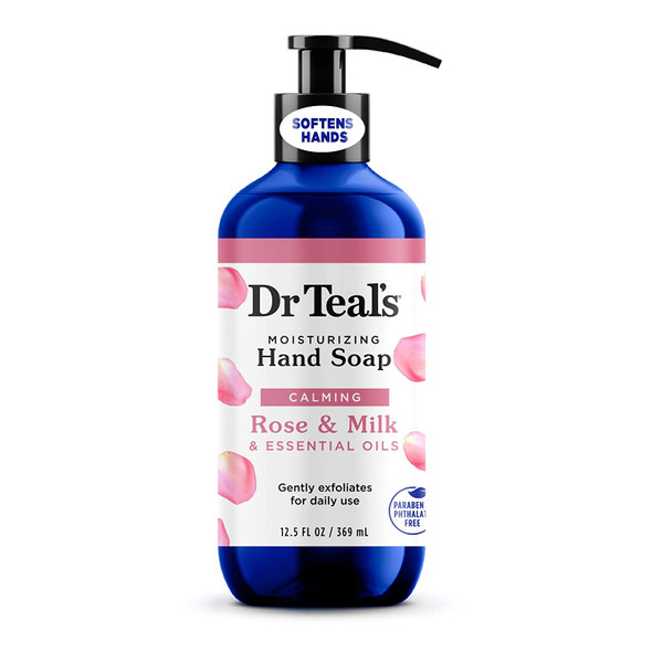 Dr Teal's Gentle Exfoliating Liquid Hand Soap, Rose & Milk & Essential Oils, 12.5 fl oz