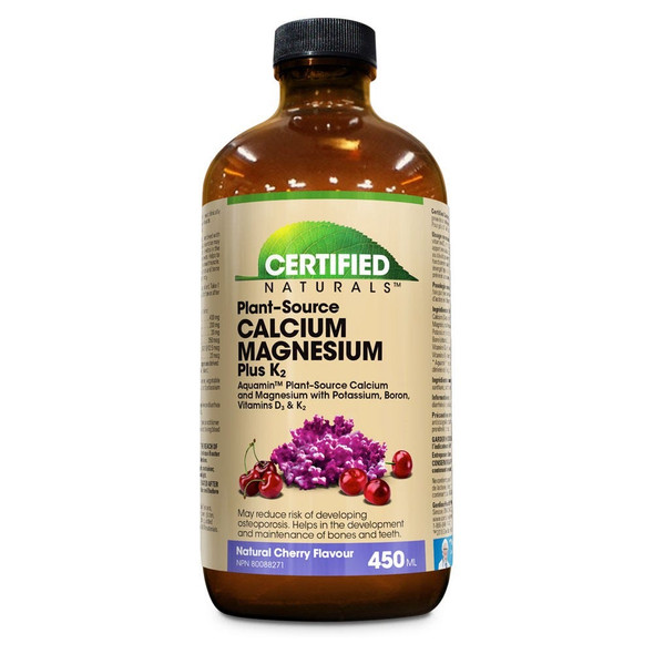 Certified Naturals Calcium Magnesium  K2 LIQUID with Aquamin Cherry Flavor - Plant Based - 450 ml