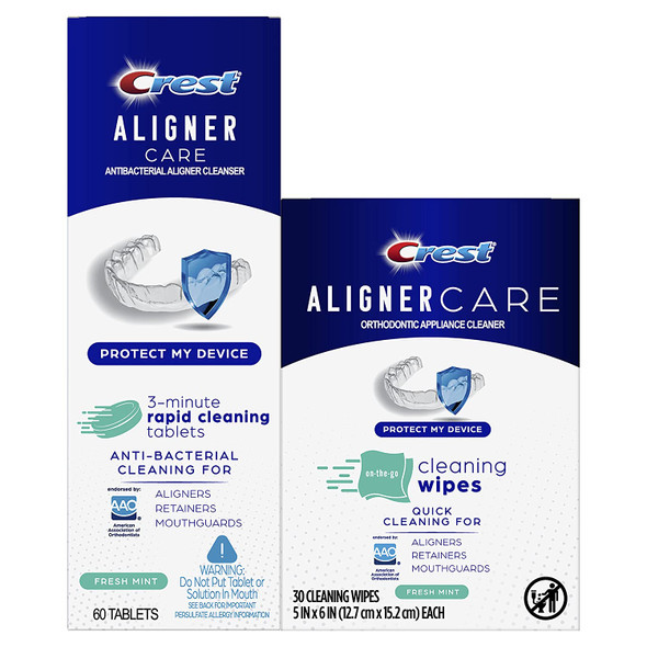 Crest Aligner Care Rapid Cleaning Tablets 60-Count & On-The-Go Cleaning Wipes 30-Count for Aligners, Retainers, Mouthguards