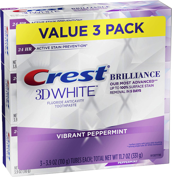 Crest 3D White Brilliance Toothpaste, Vibrant Peppermint, 3.9 Oz (Pack of 3)