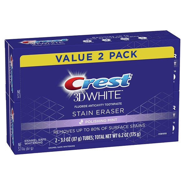 Crest 3D White Stain Eraser Teeth Whitening Toothpaste, Polishing Mint, 3.1 oz, Pack of 2