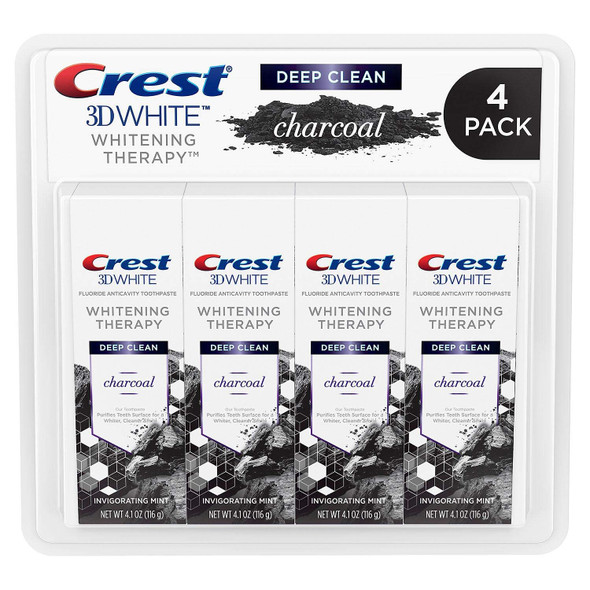 Crest Charcoal 3D White Toothpaste, Whitening Therapy Deep Clean with Fluoride, Invigorating Mint, 4.1 Ounce (Pack of 4)