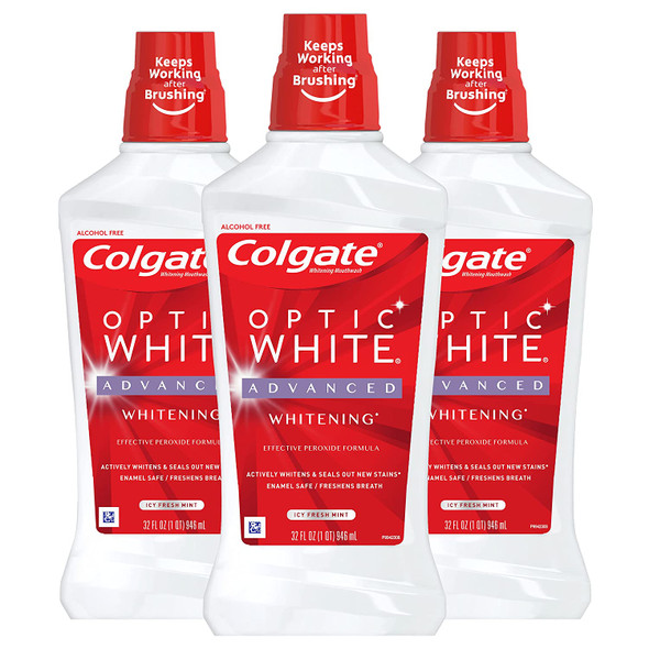 Colgate Optic White Alcohol Free Whitening Mouthwash, 2% Hydrogen Peroxide, Fresh Mint - 946mL, 32 Fluid Ounce (3 Pack)