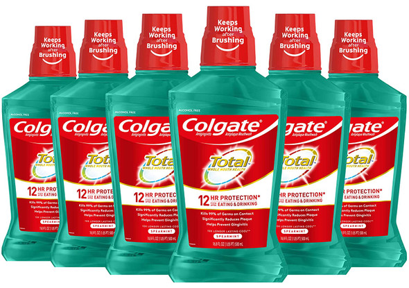 Colgate Total Pro-Shield Alcohol Free Mouthwash, Antibacterial Formula, Spearmint - 500 mL, 16.9 fluid ounce (6 Pack)