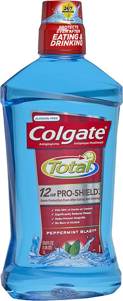 Colgate Total Pro-Shield Alcohol Free Mouthwash, Antibacterial Formula, Peppermint - 1L, 33.8 Fluid Ounce