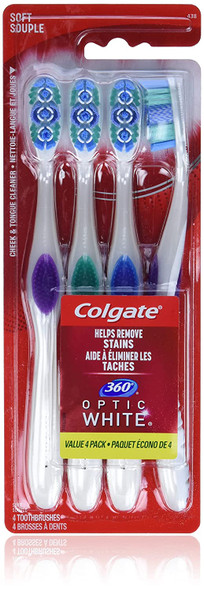 Colgate 360 Optic White Whitening Toothbrush, Soft - 4 Count