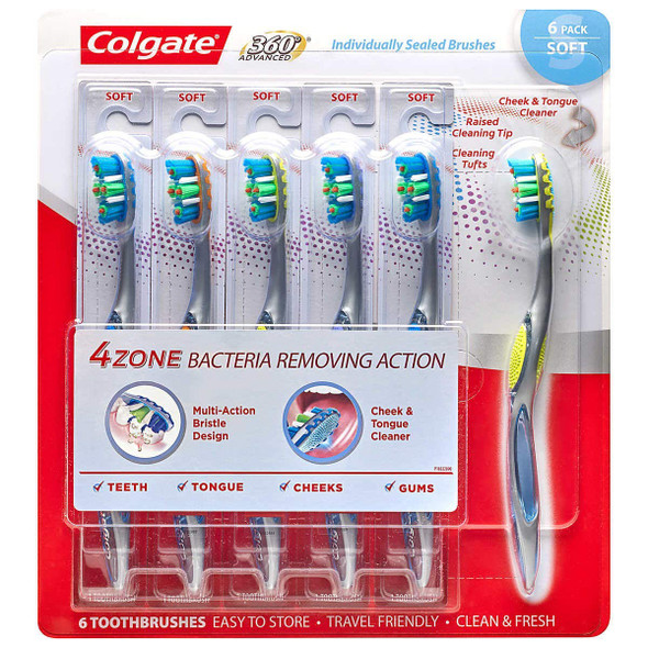 Tooth Brush Colgate 360 Whole Mouth Clean Total advanced 4 Zone Bacteria removing Action - Individually Sealed Brushes ( 6 Pack ) (Soft Brush)