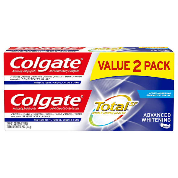 Colgate Colgate Total Advanced Whitening Toothpaste with Fluoride, Multi Benefit Toothpaste with Sensitivity Relief and Cavity Protection - 5.1 ounce (2 Pack), 5.1 Ounce (Pack of 2), 10.2 Ounce
