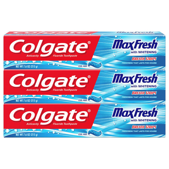 Colgate Max Fresh Toothpaste with Mini Breath Strips, Cool Mint - 7.6 Ounce (3 Pack)