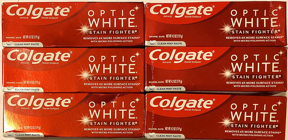 Colgate Optic White Toothpaste - Stain Fighter - Clean Mint Paste - Net Wt. 4.2 OZ (119 g) Per Tube - Pack of 6 Tubes