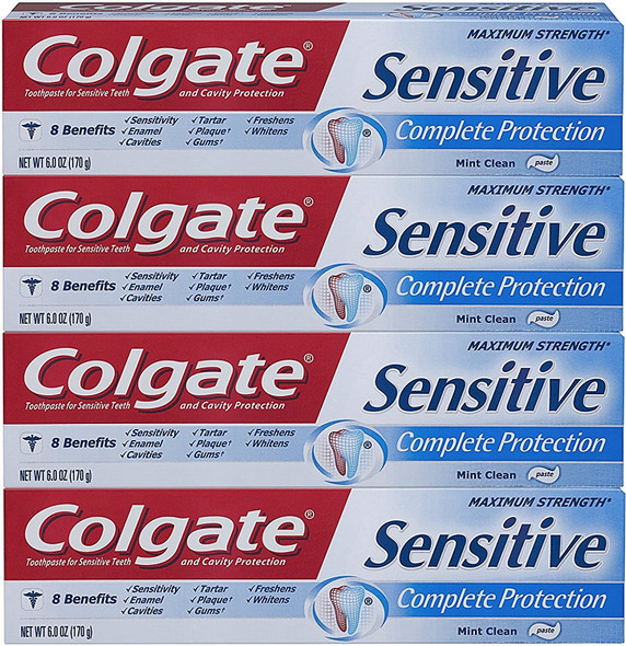 Colgate Sensitive Toothpaste Maximum Strength - Complete Protection Mint Clean Past Net Wt. 6.0 OZ (170 g) Per Tube Pack of 4 Tubes Per Quantity Ordered (Total of 24 OZ)