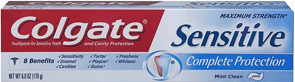 Colgate Sensitive Toothpaste Maximum Strength - Complete Protection Mint Clean Past Net Wt. 6.0 OZ (170 g) Per Tube Pack of 4 Tubes Per Quantity Ordered (Total of 24 OZ)