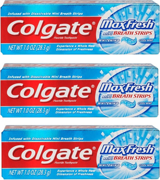 Colgate Max Fresh Toothpaste Fluoride Mini Breath Strips Cool Mint 1 oz Travel Size ( Pack of 3)