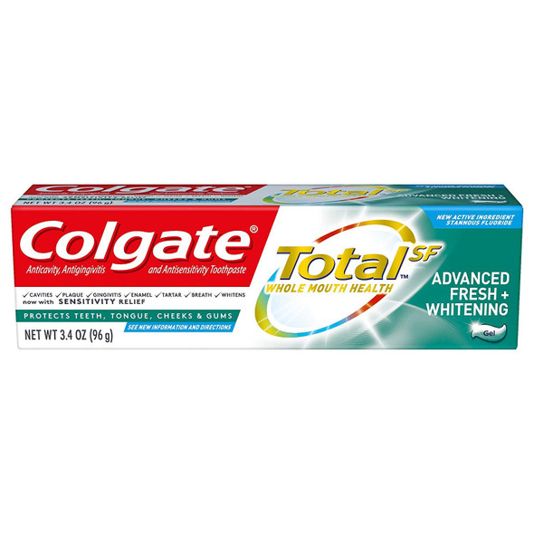 Colgate Total SF Toothpaste - Advanced Fresh + Whitening - Gel - Net Wt. 3.4 OZ (96 g) Per Tube - Pack of 4 Tubes