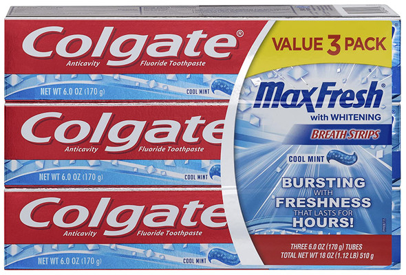 Colgate Max Fresh Toothpaste With Mini Breath Strips, Cool Mint, 3 Count, 18 Oz