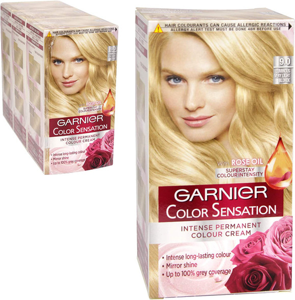 3 x Garnier Color Sensation Intense Permanent Colour Cream 9.0 Luminous Very Light Blonde