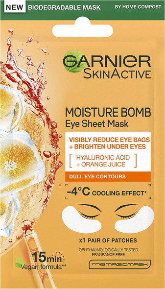 Garnier Hyaluronic Acid and Orange Juice Tissue Mask, Hydrating Brightening Tissue Eye Sheet Mask 6 g