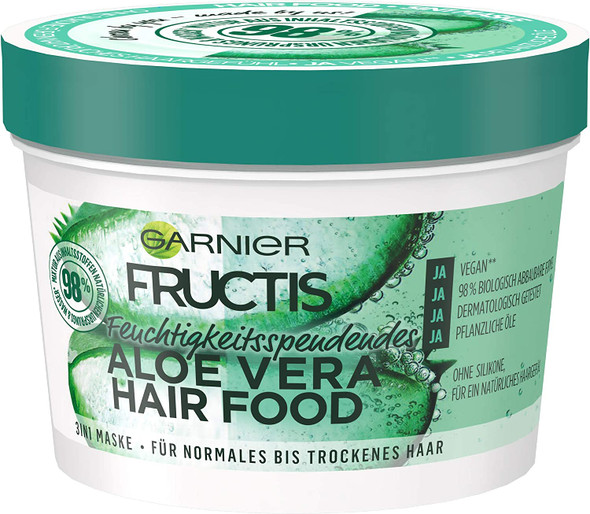 Garnier Hair Mask, Aloe Vera, Hairfood Moisturising 3-in-1 Mask, Care for Smooth Hair, Fructis, 390 ml