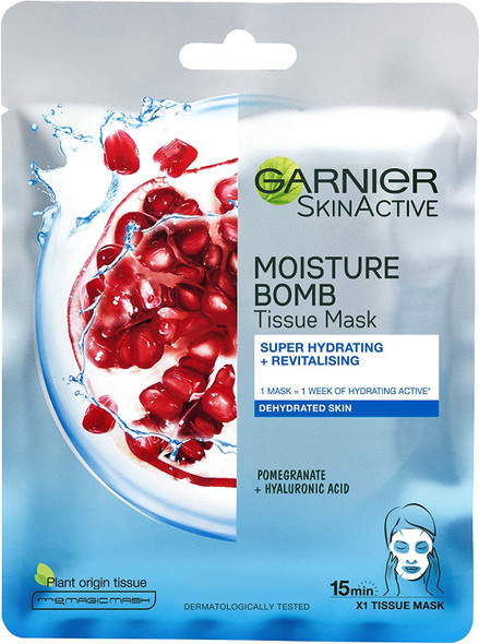 Garnier Moisture Bomb Pomegranate and Hyaluronic Acid Sheet Mask, Super Hydrating & Replumping Face Mask, For Dehydrated Skin, Biodegradable and Vegan Tissue, 28g