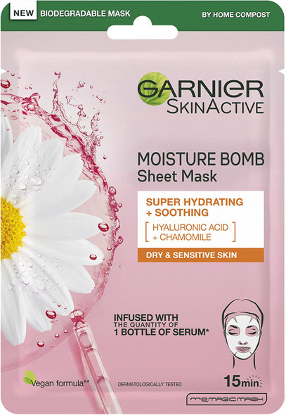 Garnier Moisture Bomb Chamomile and Hyaluronic Acid Sheet Mask, Hydrating & Soothing Face Mask, For Sensitive Skin, Biodegradable and Vegan Tissue, 28 g