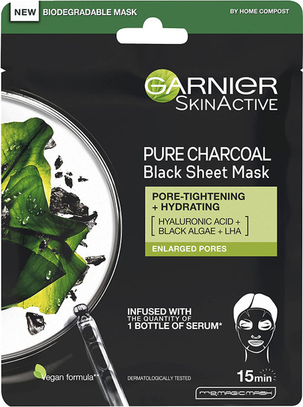 Garnier Pure Charcoal and Algae Sheet Mask, Purifying and Hydrating Face Mask With Hyaluronic Acid, LHA & Black Algae, Tightens Enlarged Pores & Purifies Skin, Biodegradable & Vegan Tissue 28g