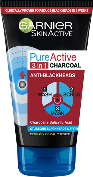 Garnier Pure Active 3in1 Charcoal Anti-Blackhead Mask Wash Scrub, for Oily Spot Prone Skin, Enriched with Salicylic Acid to Purify, Unclog Pores and Mattify 150ml