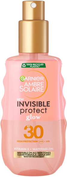 Garnier Ambre Solaire Invisible Protect Glow Transparent Sun Cream Spray SPF30, Quick Dry, High Sun Protecton Factor 30, Water Resistant, Non Sticky Sunscreen, Watermelon, UVA & UVB Protection, 150ml